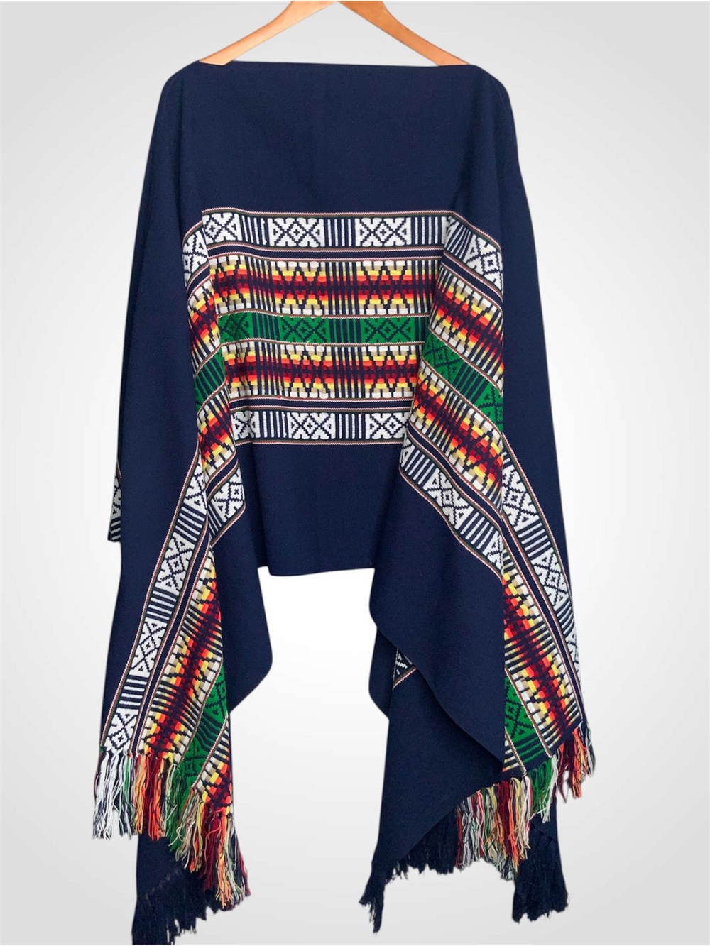 Navy Aztec-Pattern Fringe Poncho - Women's Accessory